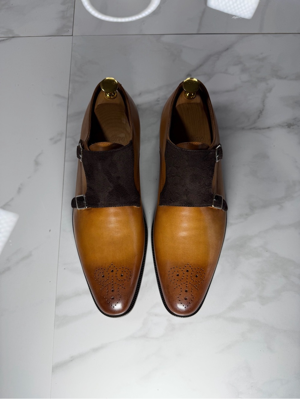 Men's Tan Leather & Dark Brown Suede Double Monk Strap Oxfords